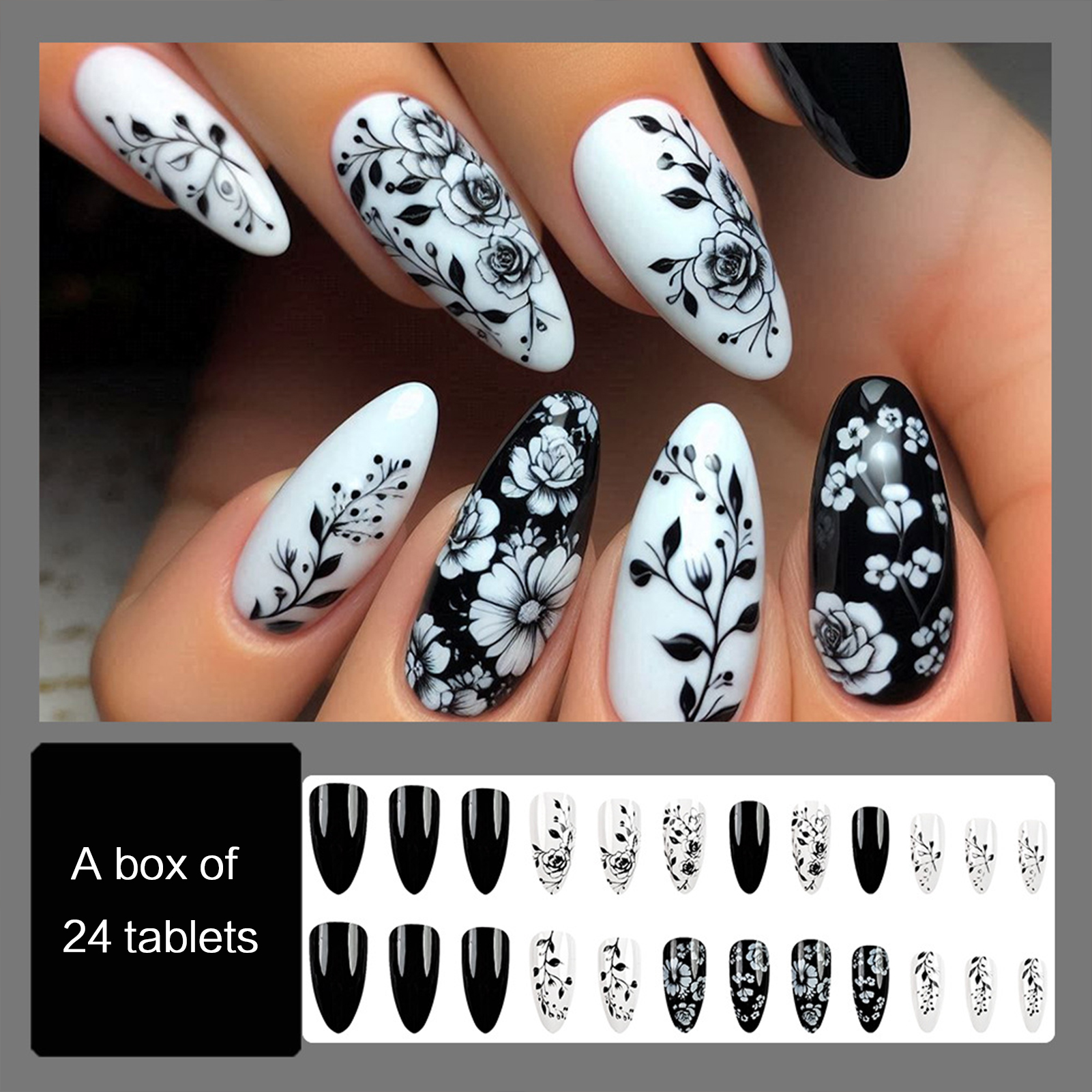 24Pcs Almond Fake Nails Black/ - Pressed Flower Art のレビューと価格