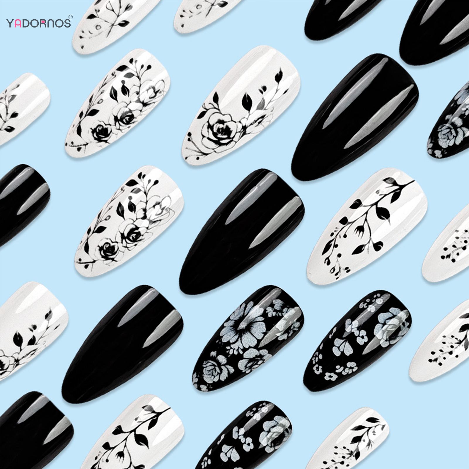 24Pcs Almond Fake Nails Black/ - Pressed Flower Art のレビューと価格