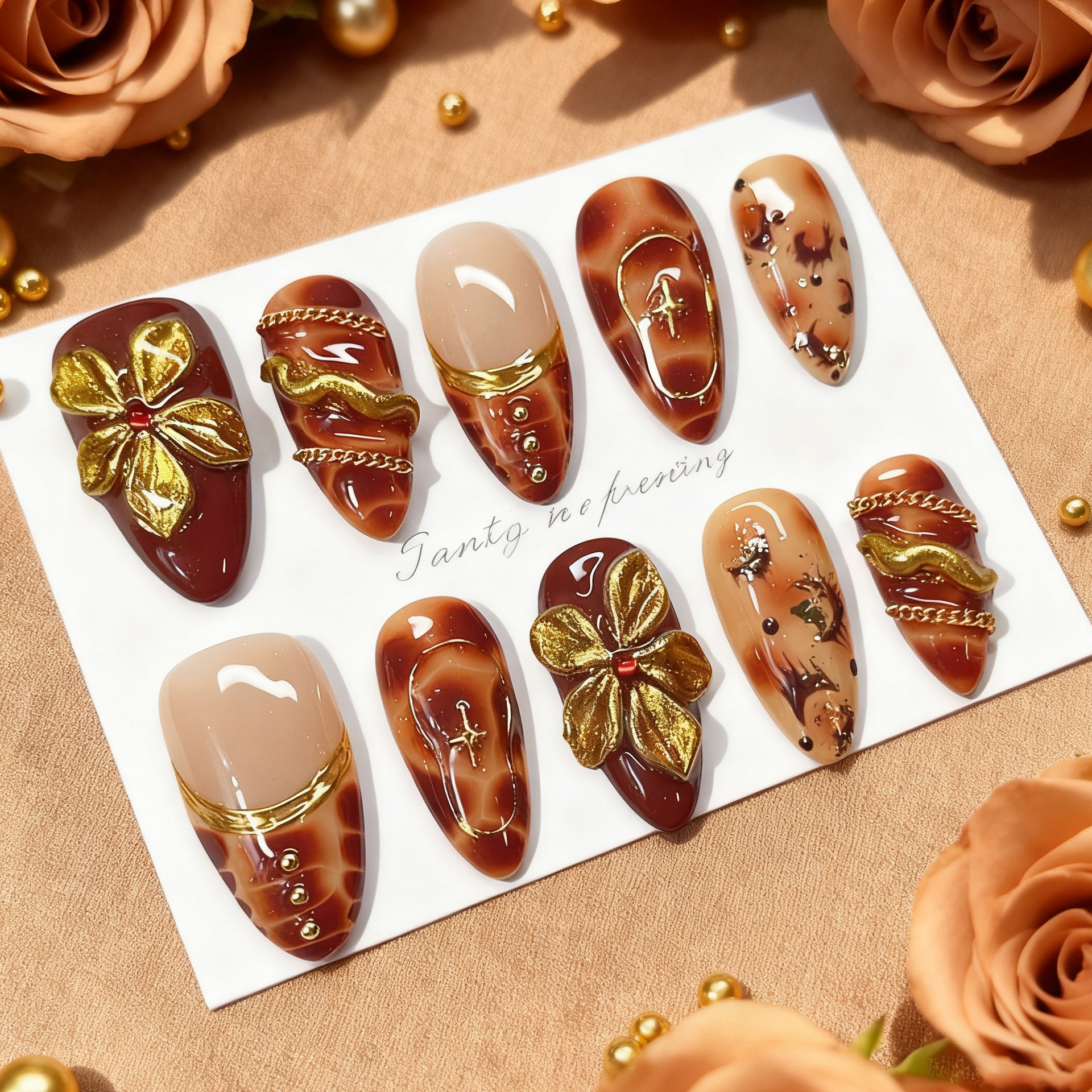 24pcs Flower False Nails Brown - Pressed Flower Art のレビューと価格