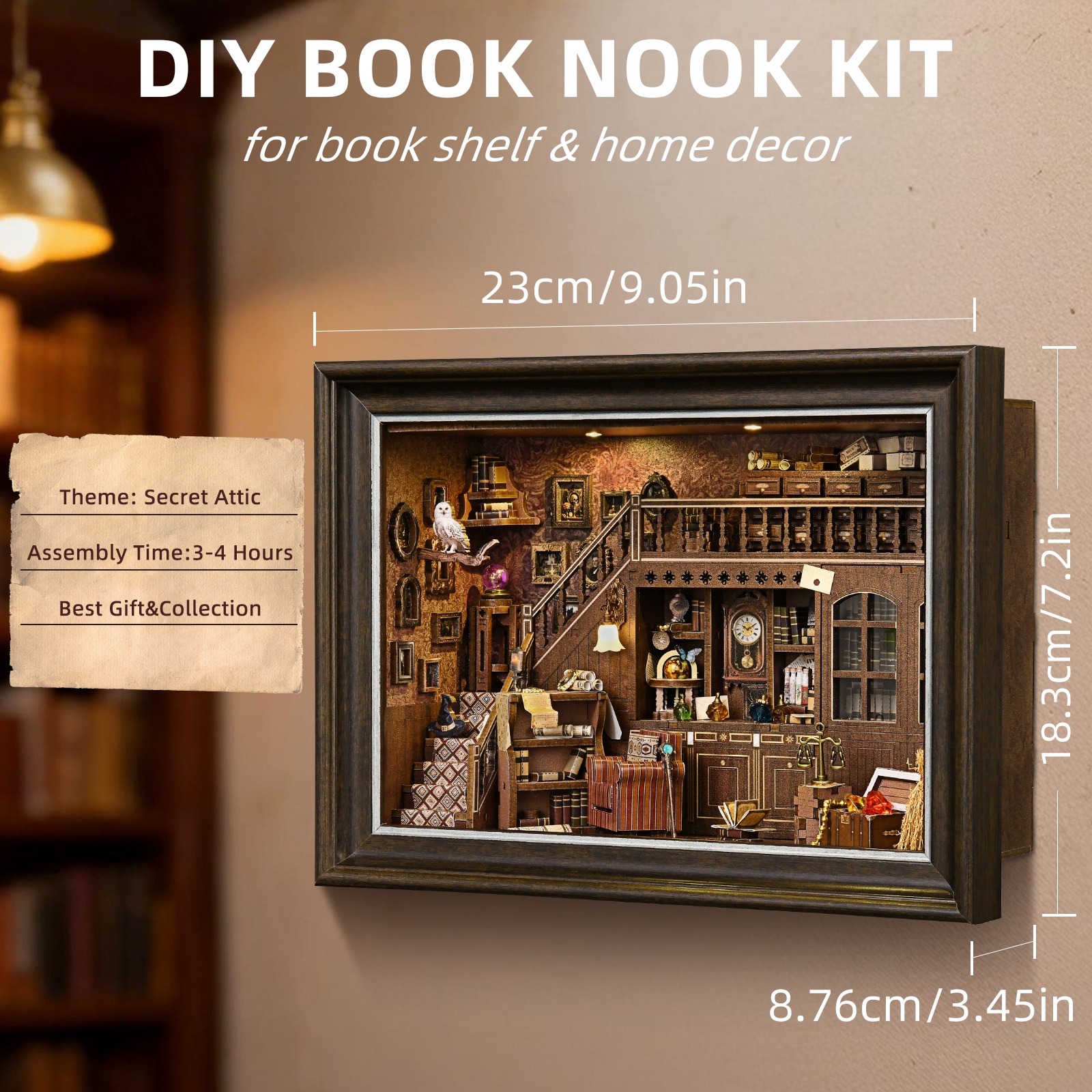 Book Nook Kit Secret Attic DIY - Engraved Wood Frame のレビューと価格