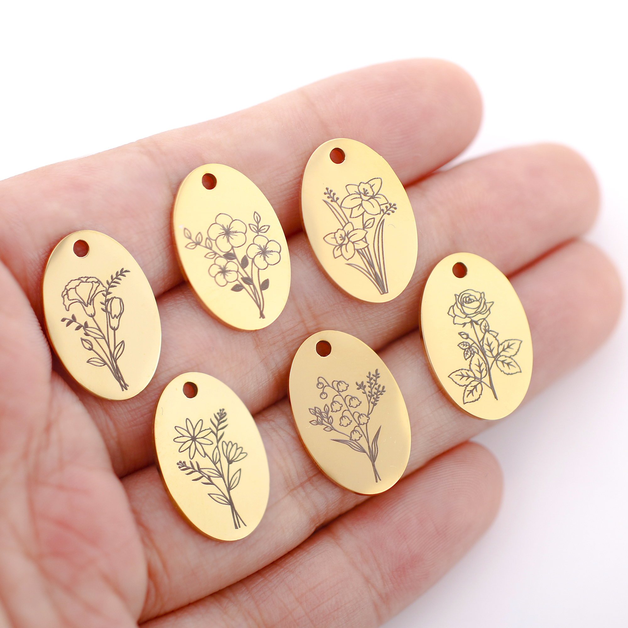 5Pcs Oval Birth Month Flower P - Birth Flower Necklace のレビューと価格