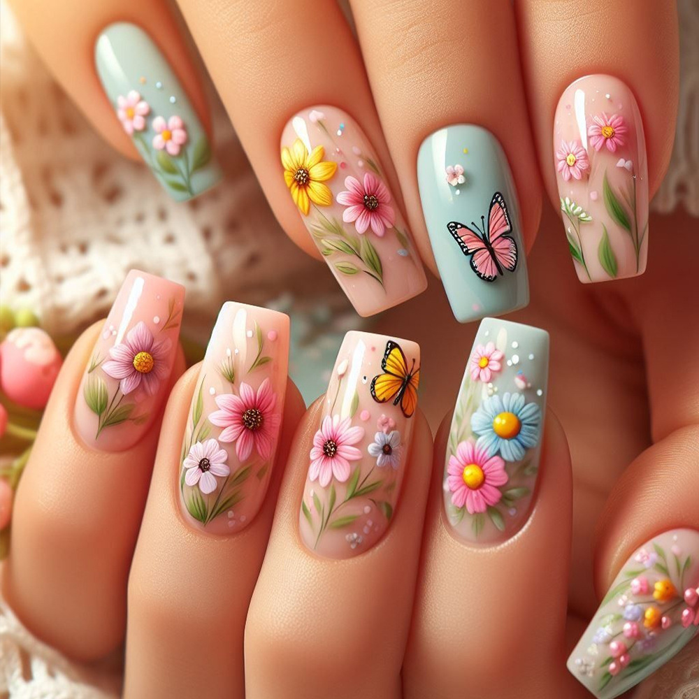 Medium long fake nails gradien - Pressed Flower Art のレビューと価格