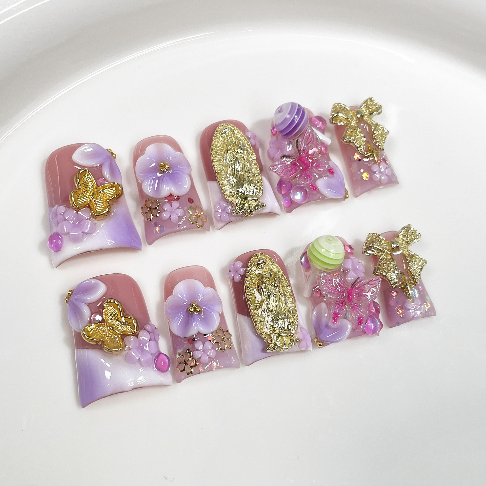 10pcs Ocean Style Fake Nails D - Pressed Flower Art のレビューと価格